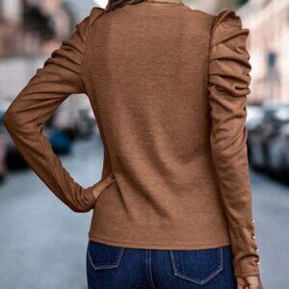caramel brown Casual Women's Gigot Sleeve long sleeve top - Picture 2 of 5